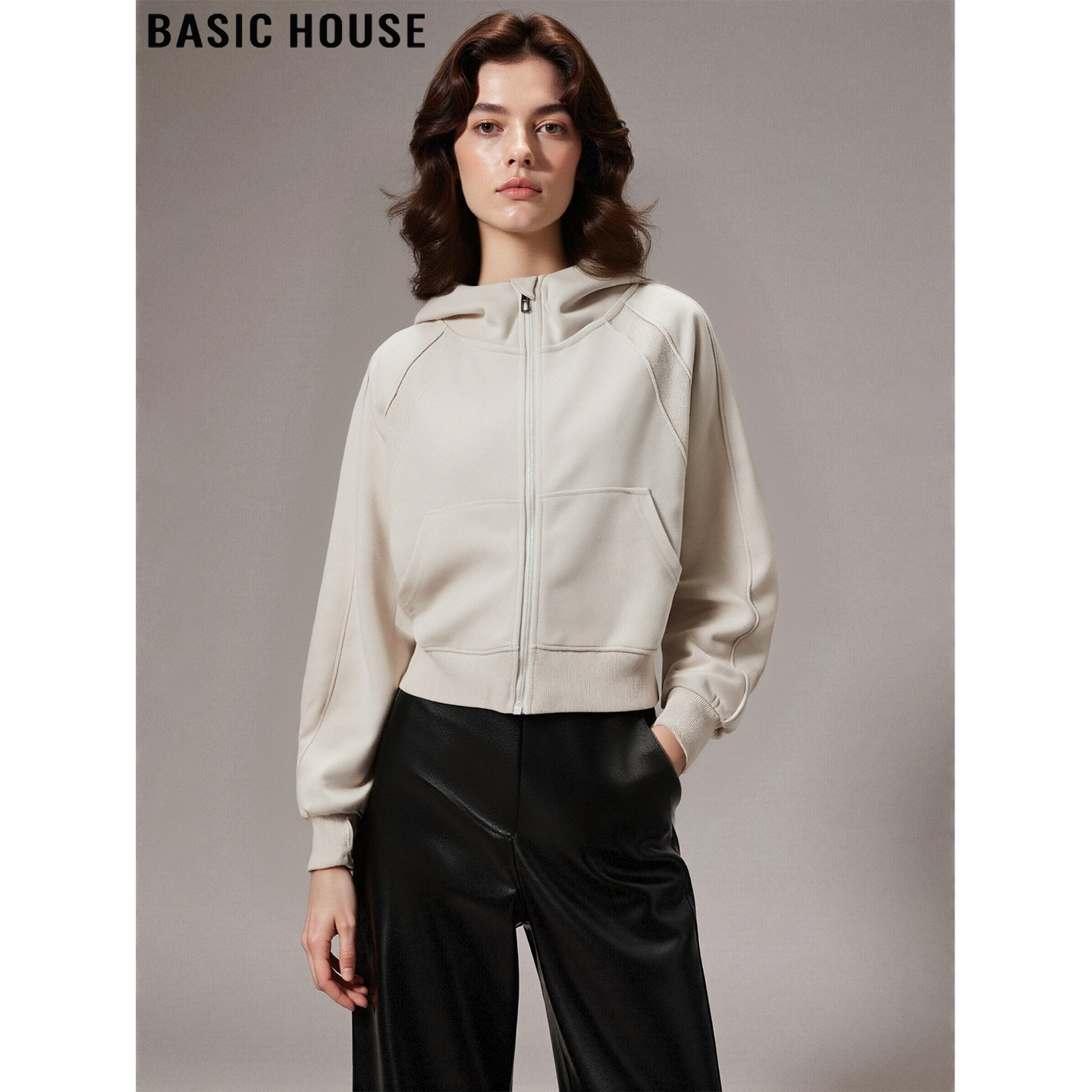 Basic House/百家好杏色连帽卫衣女2026春季新款美式短款拉链外套,女装/女士精品,卫衣/绒衫,淘宝优惠券,粉丝福利购,淘宝优惠卷