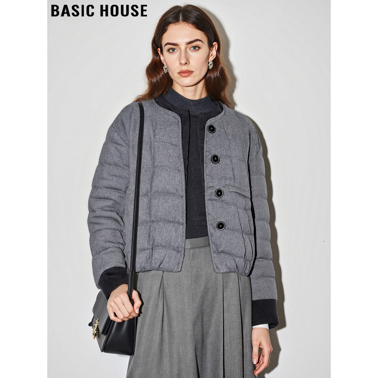 百家好灰色90%白鸭绒短款羽绒服