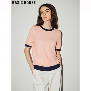 Basic House/百家好粉红色冰丝针织短袖女士夏季薄款圆领半袖上衣