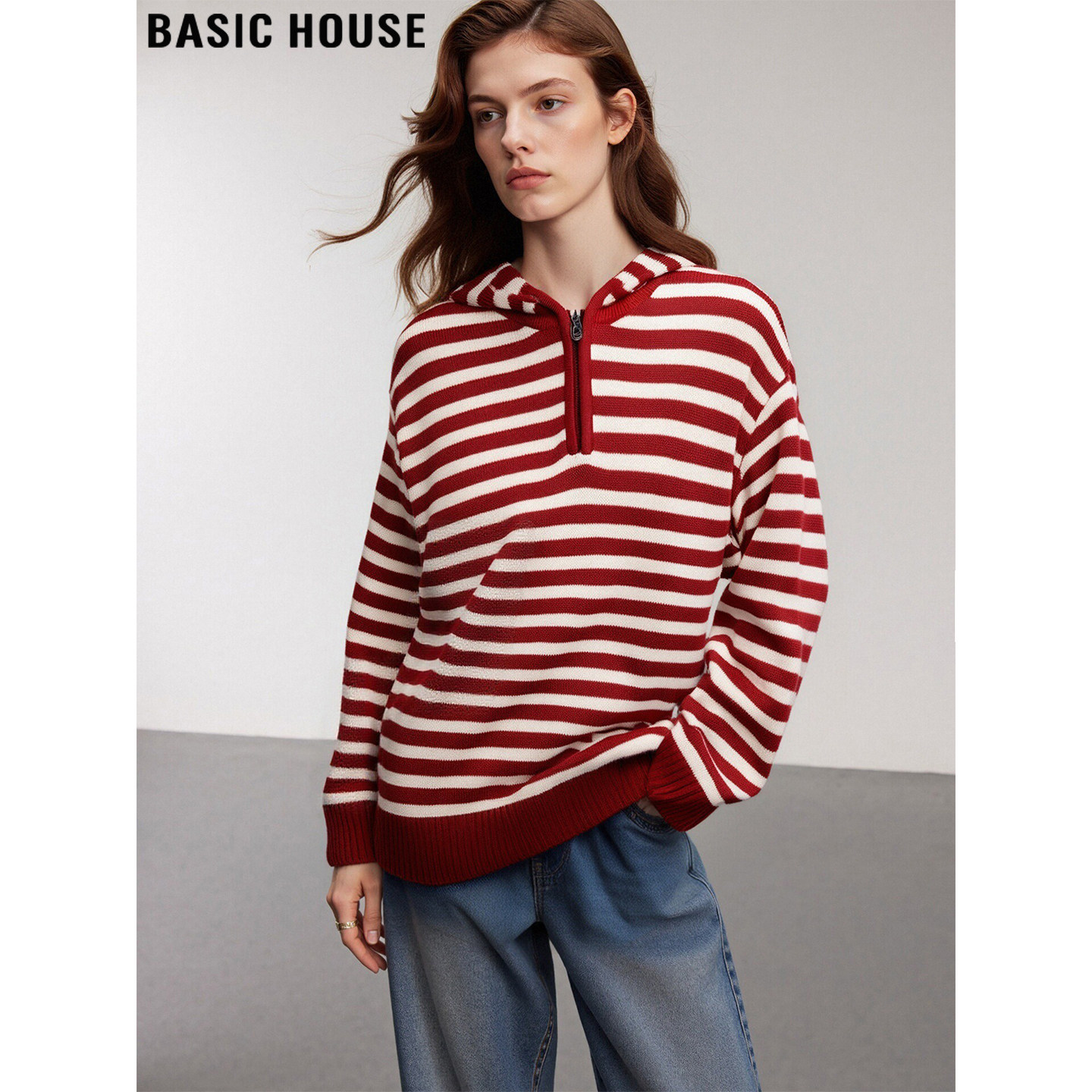 Basic House/百家好红色条纹连帽针织衫女2025冬季慵懒风宽松毛衣,女装/女士精品,毛针织衫,淘宝优惠券,粉丝福利购,淘宝优惠卷
