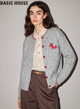 Basic House/百家好灰色小马刺绣针织开衫女2026春季新款绞花外套