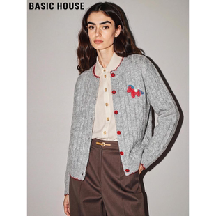 新款 Basic 女2026春季 百家好灰色小马刺绣针织开衫 绞花外套 House