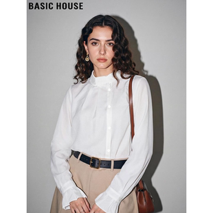 Basic House/百家好立领白衬衫女2026春季新款法式木耳边长袖衬衣