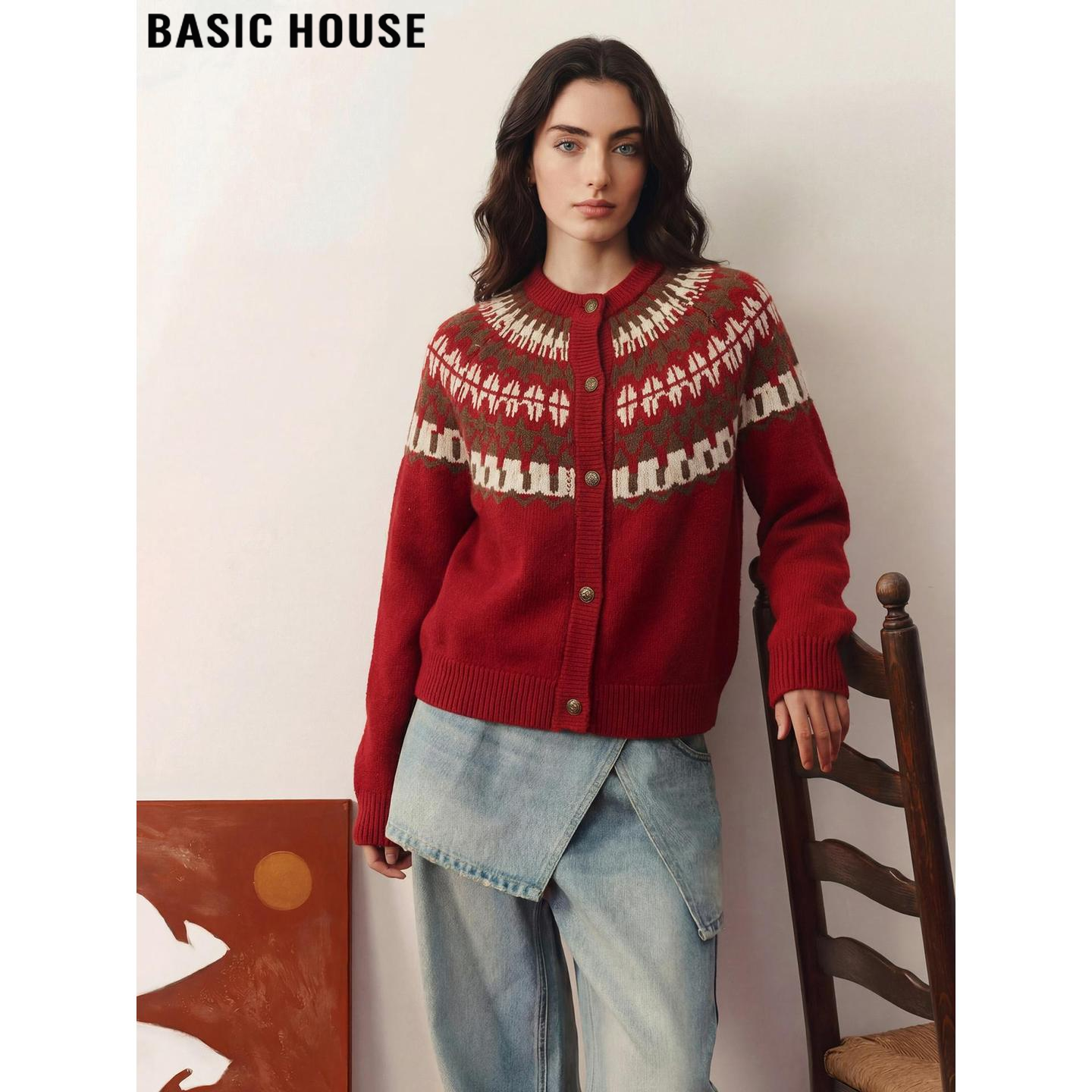 Basic House/百家好红色费尔岛针织衫女2026春季新款圆领毛衣外套