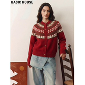 House 百家好红色费尔岛针织衫 女2026春季 Basic 新款 圆领毛衣外套