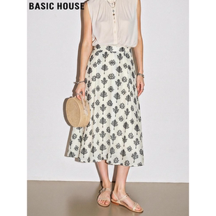 新款 百家好天丝印花半身裙女2026春季 高腰遮胯大摆裙 House Basic