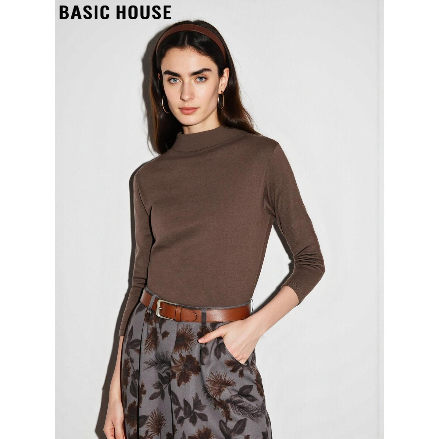 百家好美拉德咖色半高领打底T恤