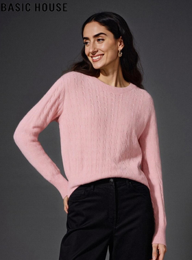 Basic House/百家好粉色圆领针织衫女春季宽松百搭麻花毛衣打底衫