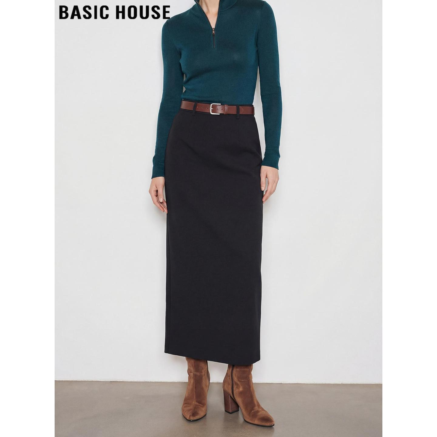 Basic House/百家好黑色西装半身裙女2026春季新款高腰直筒包臀裙