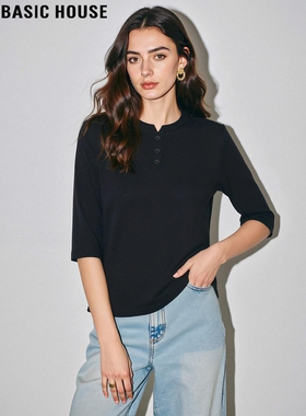Basic House/百家好黑色七分袖T恤女2026春季新款舒适百搭打底衫
