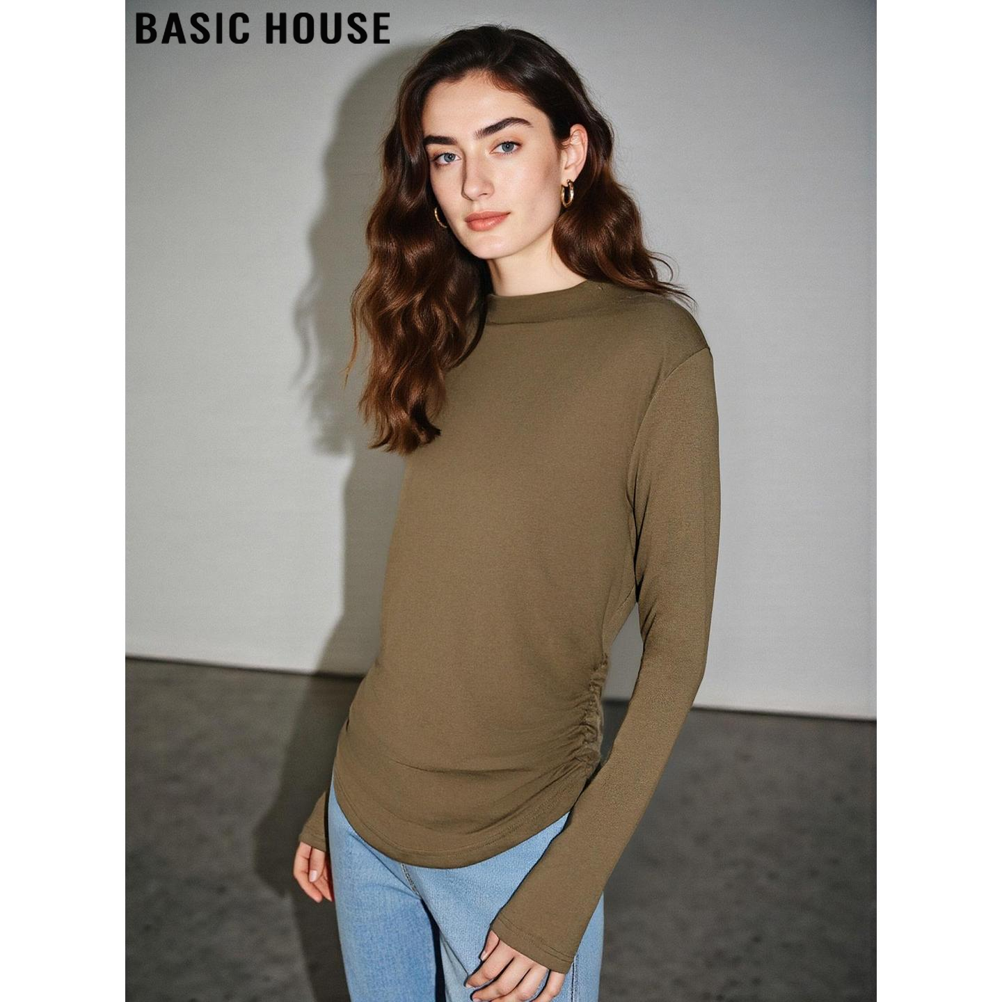 百家好姜黄色立领长袖T恤女内搭