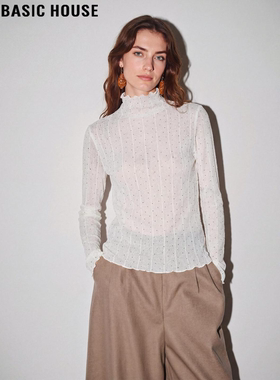 Basic House/百家好法式烫钻木耳边蕾丝T恤女春季新款网纱打底衫