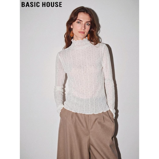 House 网纱打底衫 百家好法式 新款 烫钻木耳边蕾丝T恤女春季 Basic