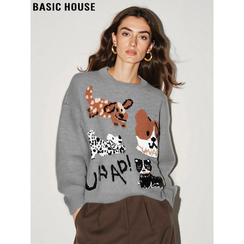 百家好小狗提花灰色毛衣女慵懒风