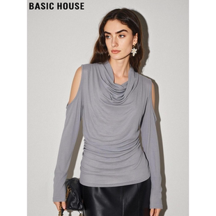 薄款 Basic T恤女春季 百家好灰色荡领露肩长袖 收腰显瘦上衣 House