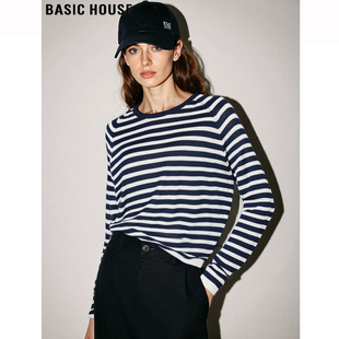 亚麻天丝针织衫 Basic T恤女2026春季 百家好藏蓝色条纹长袖 House