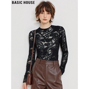 Basic House/百家好黑色蕾丝打底衫女士2026春季新款网纱长袖上衣