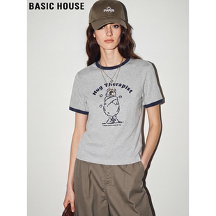 House 新款 百家好美式 T恤女2026春季 撞色圆领上衣 印花短袖 Basic