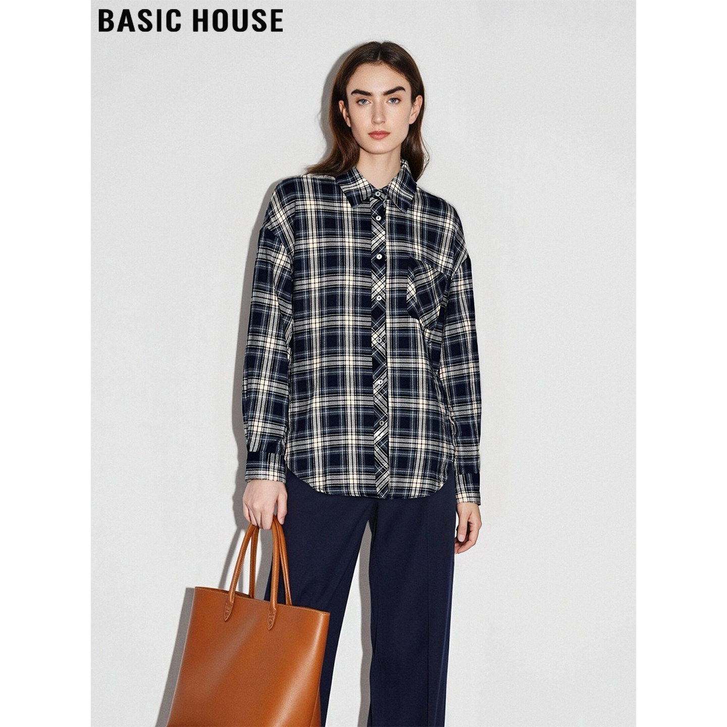 Basic House/百家好格子polo领衬衫女2026春季新款慵懒风宽松衬衣,女装/女士精品,衬衫,淘宝优惠券,粉丝福利购,淘宝优惠卷