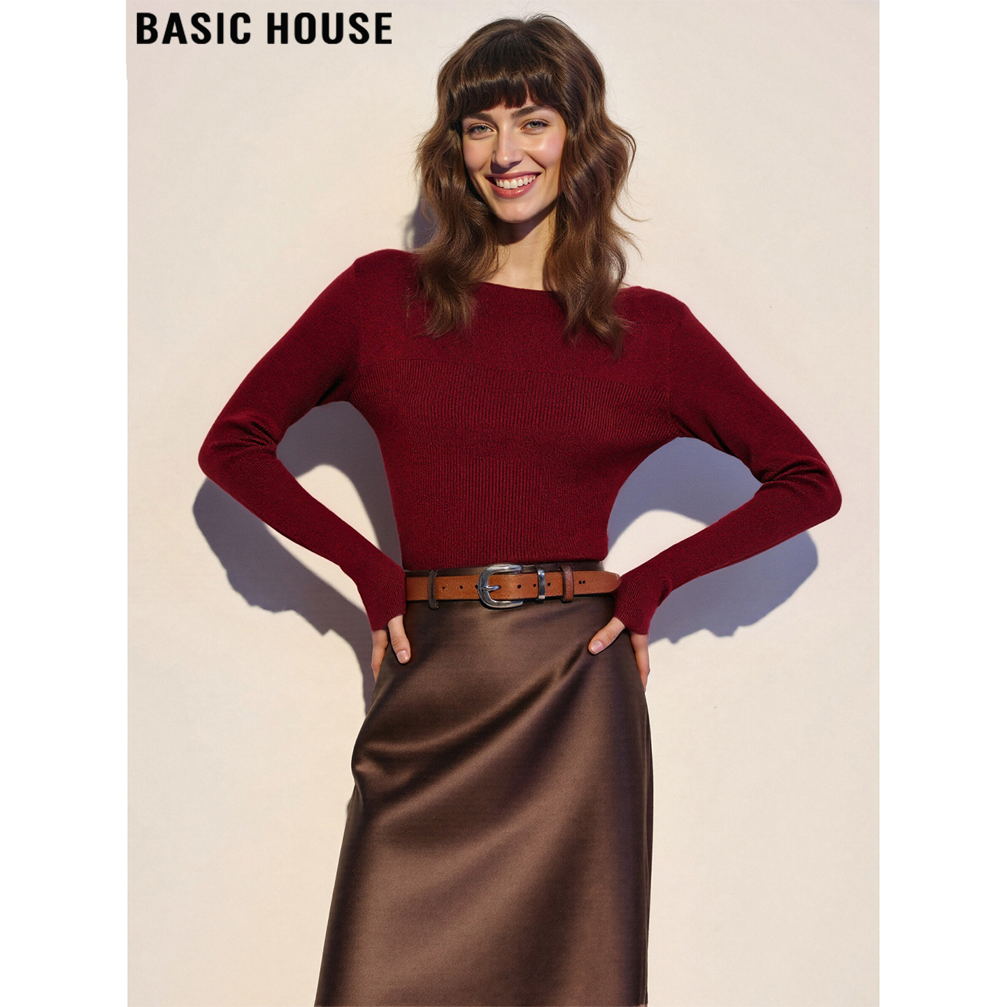 百家好酒红色针织打底衫修身内搭