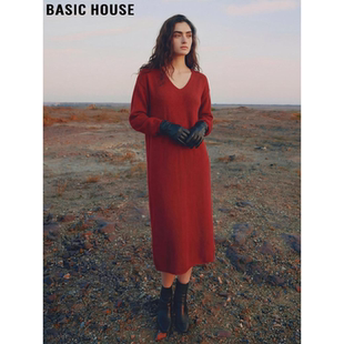Basic House/百家好红色羊毛连衣裙女春季新年战袍过膝长款A字裙