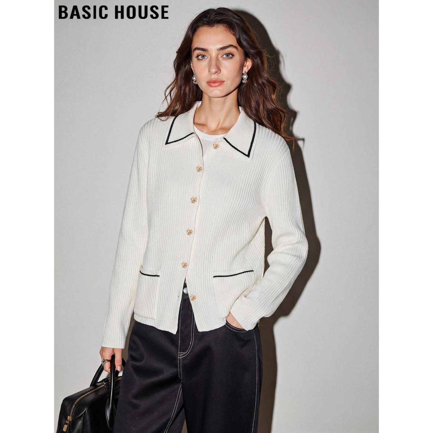 Basic House/百家好气质翻领针织开衫女士2026春季新款设计感上衣,女装/女士精品,毛针织衫,淘宝优惠券,粉丝福利购,淘宝优惠卷