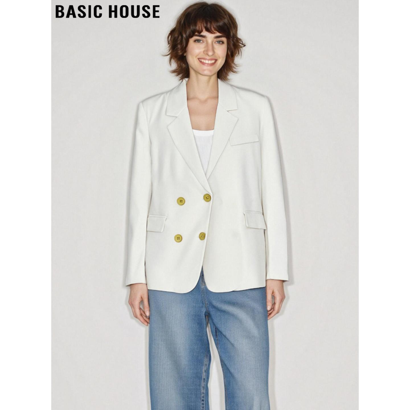 百家好米白色双排扣加厚西装外套