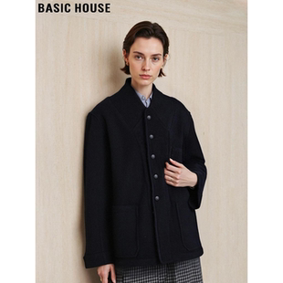 Basic House/百家好羊毛黑色V领毛呢外套女冬加厚小个子短款大衣