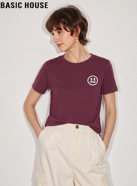 Basic House/百家好紫色圆领纯棉短袖T恤女夏季新款印花休闲上衣