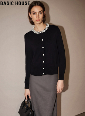 Basic House/百家好法式钉珠圆领针织开衫女2025秋冬新款叠穿上衣