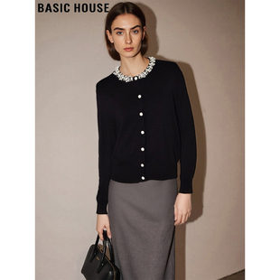 Basic House/百家好法式钉珠圆领针织开衫女2025秋冬新款叠穿上衣