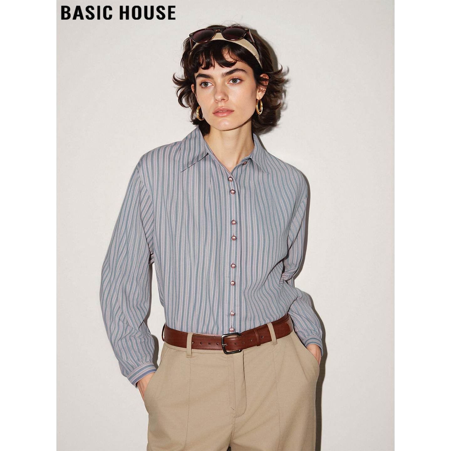 百家好POLO领竖条纹长袖衬衫外套