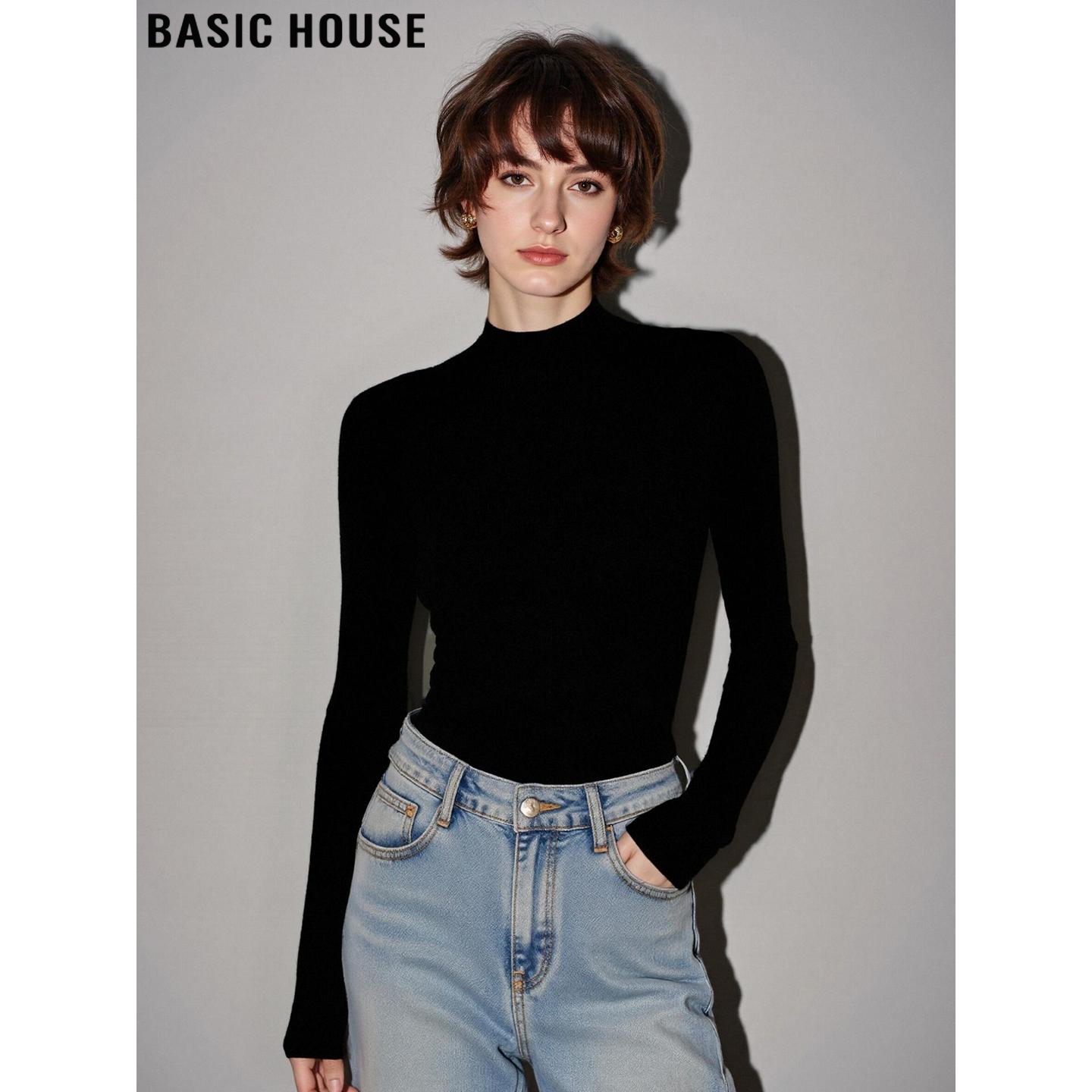 Basic House/百家好黑色半高领羊毛针织衫女冬季修身软糯打底毛衣,女装/女士精品,毛针织衫,淘宝优惠券,粉丝福利购,淘宝优惠卷