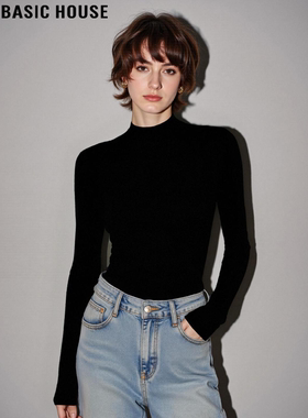 Basic House/百家好黑色半高领羊毛针织衫女冬季修身软糯打底毛衣