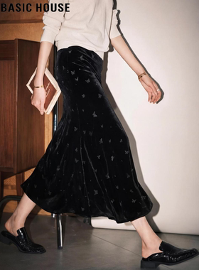 Basic House/百家好黑色丝绒蝴蝶半身裙女2026春季新款高腰A字裙