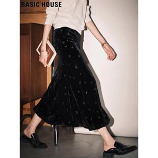 新款 百家好黑色丝绒蝴蝶半身裙女2026春季 高腰A字裙 House Basic