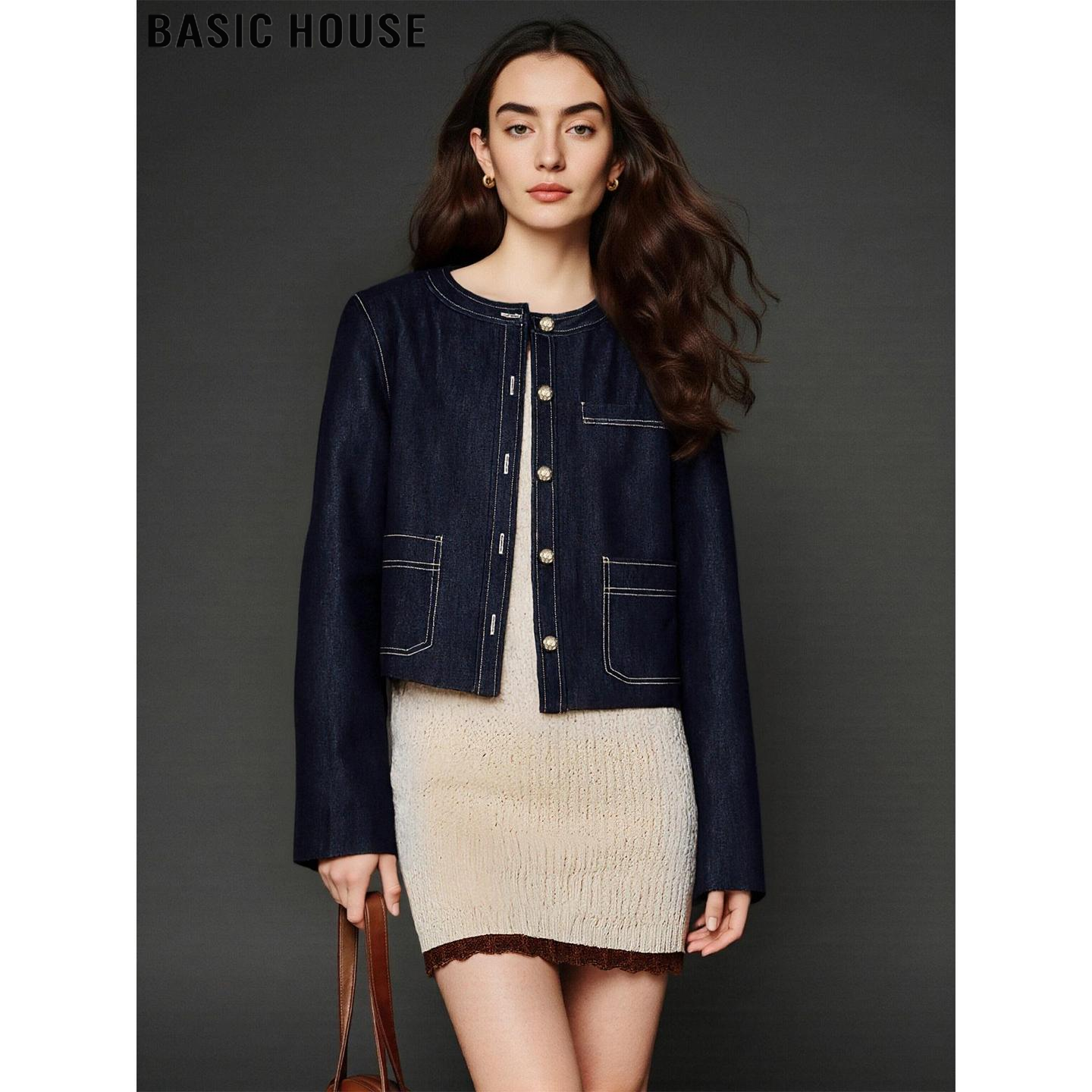 小香风牛仔外套圆领短款夹克女士