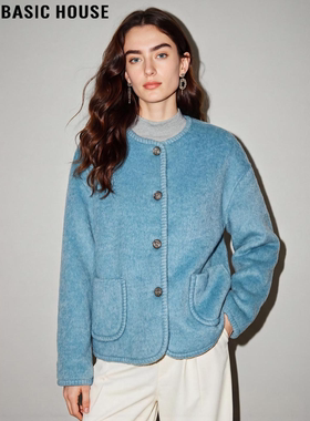 Basic House/百家好蓝色圆领毛呢外套女冬季小个子短款羊毛呢大衣