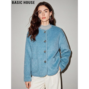 Basic House/百家好蓝色圆领毛呢外套女冬季小个子短款羊毛呢大衣