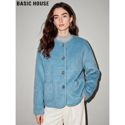 百家好浅蓝色圆领短款羊毛呢外套