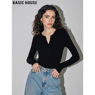 T恤女2026春季 百家好黑色V领长袖 新款 修身 Basic 正肩打底衫 House