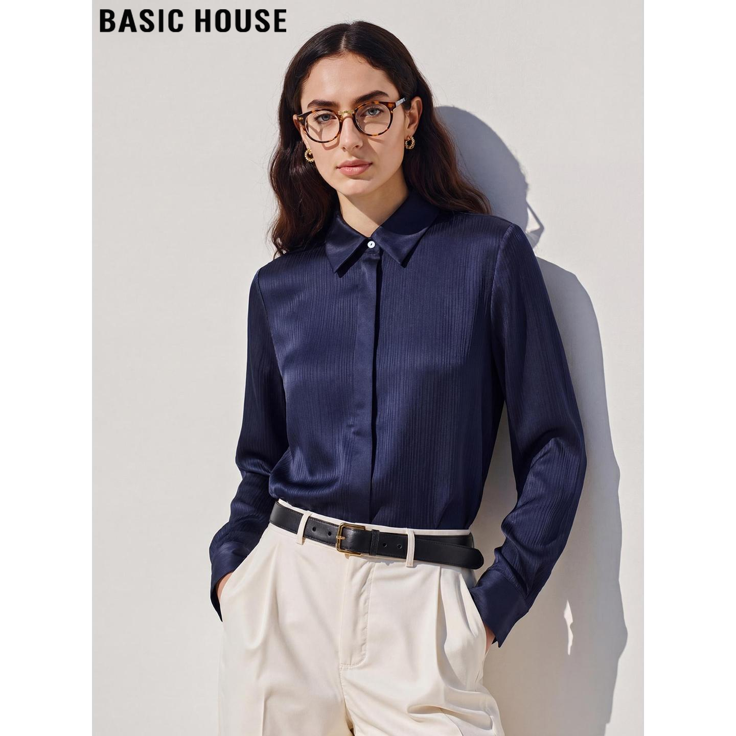 Basic House/百家好藏蓝色翻领衬衫女士2026春季新款叠穿长袖衬衣