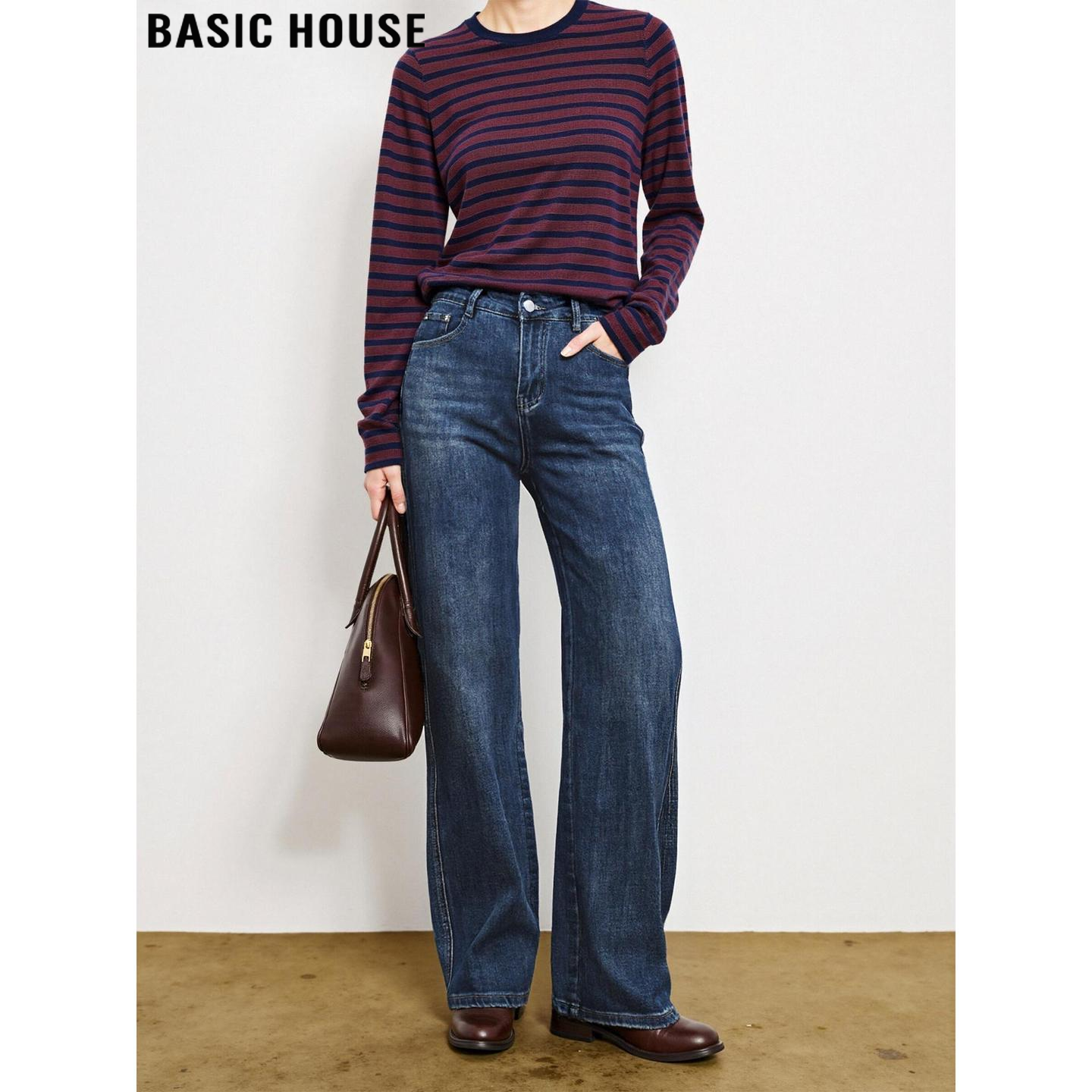 复古蓝高腰窄版阔腿裤牛仔裤女