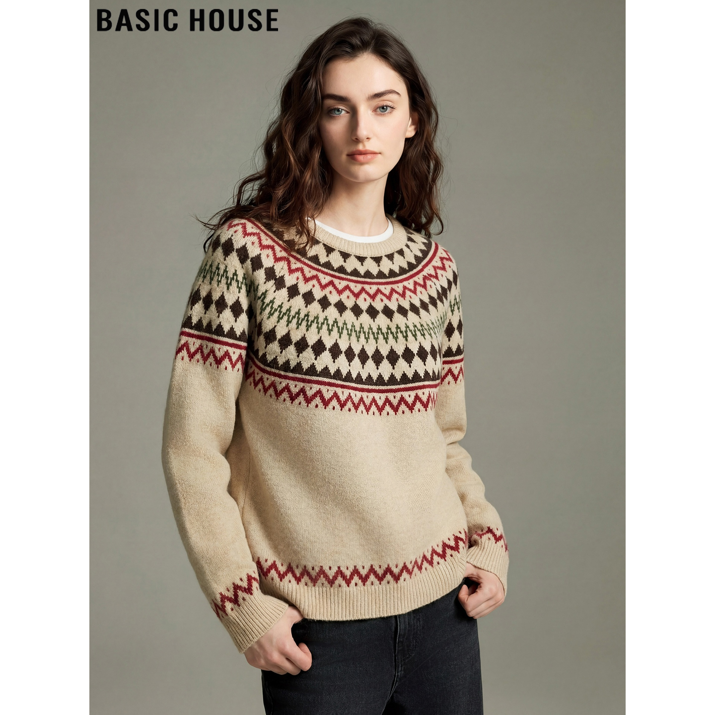 百家好费尔岛提花圆领针织衫女士