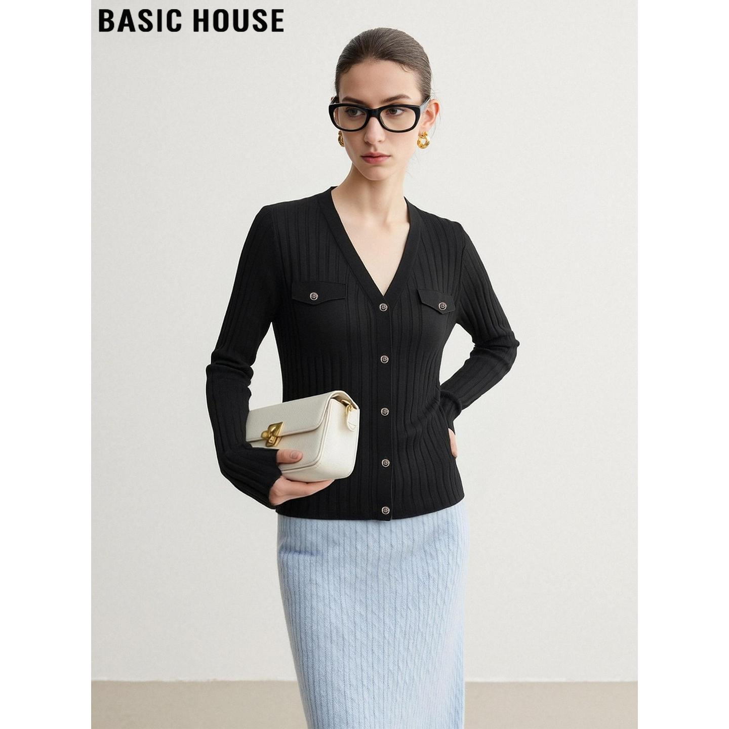 Basic House/百家好黑色V领针织衫女2026春季新款修身设计感开衫