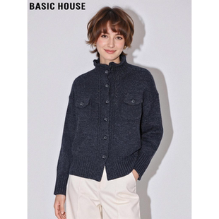 Basic House/百家好100%羊毛立领加厚毛衣外套女冬季休闲针织开衫