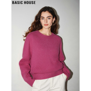 慵懒针织衫 百家好粉色100%羊毛加厚圆领毛衣女士春季 House Basic