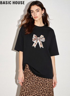 Basic House/百家好美式印花短袖T恤女2026夏季新款宽松纯棉体恤