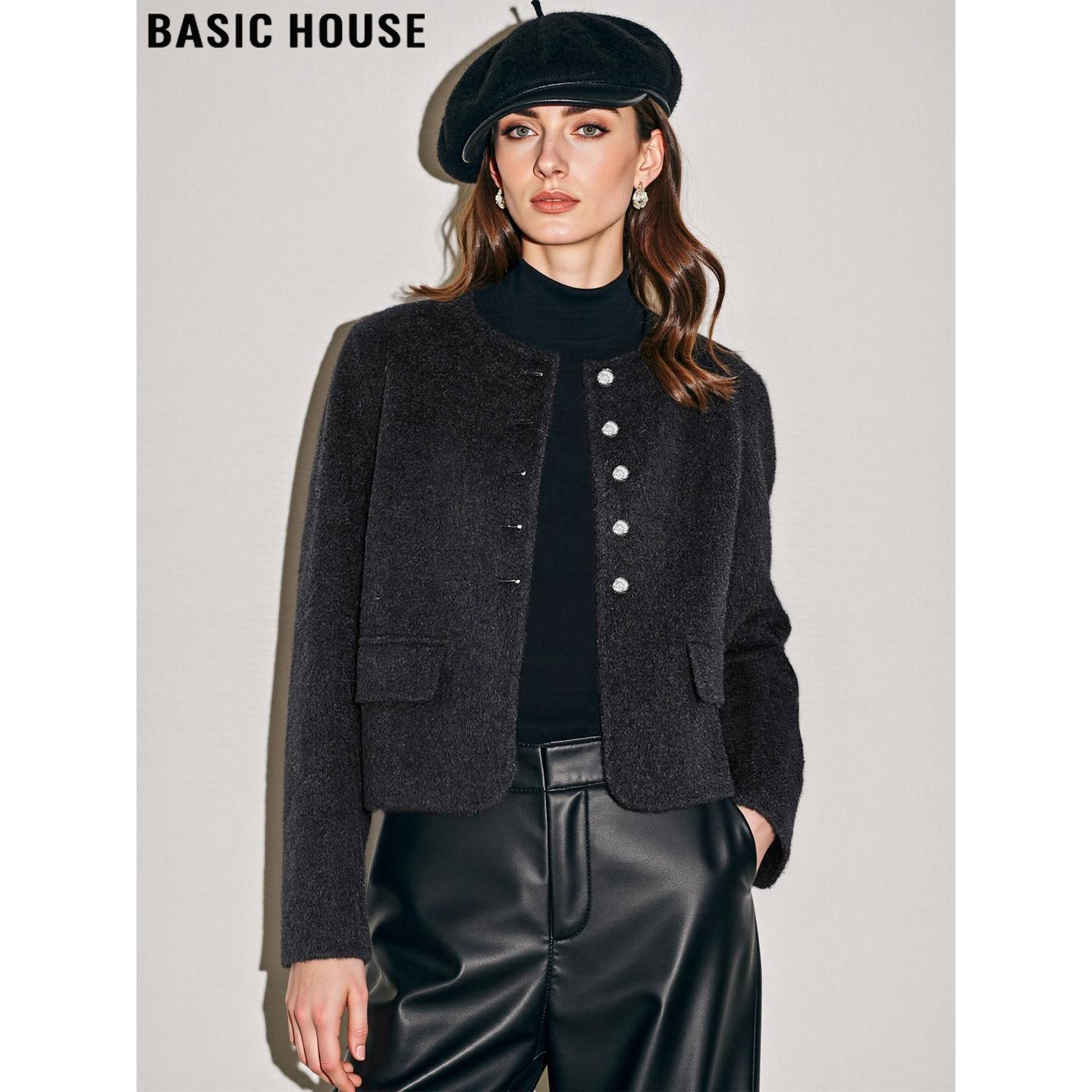 Basic House/百家好黑色小香风毛呢外套女冬加厚短款羊毛呢子夹克,女装/女士精品,短外套,淘宝优惠券,粉丝福利购,淘宝优惠卷