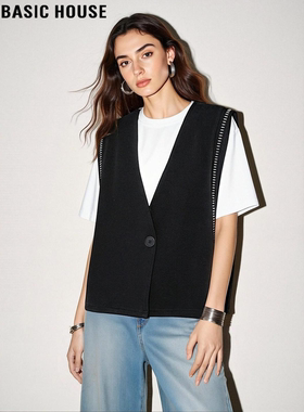 Basic House/百家好宽松明线设计西装马甲女2026夏季新款无袖外套